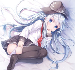 Rule 34 | 10s, 1girl, ass, black thighhighs, blue eyes, blue hair, clothes lift, hand to own mouth, hat, hibiki (kancolle), kantai collection, kyuupura, legs up, lifting own clothes, long hair, looking at viewer, lying, no shoes, on side, panties, panty pull, presenting, school uniform, serafuku, shirt, skirt, skirt lift, solo, striped clothes, striped panties, thighhighs, underwear, unworn headwear, very long hair
