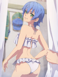 1girl 1other ass back bikini blue_hair blurry blurry_background blush chiharu_(9654784) commentary_request commission curtains eiyuu_densetsu frilled_bikini frills furrowed_brow green_eyes hair_between_eyes highres looking_back median_furrow medium_hair side-tie_bikini_bottom skeb_commission smile solo_focus sully_atraid swimsuit white_bikini zero_no_kiseki