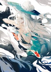 Rule 34 | 1girl, absurdres, blue background, cloud tea (food fantasy), dress, fish, food fantasy, grey eyes, hat, highres, keikoku (kujira), koi, long hair, looking to the side, multicolored background, one eye closed, pale skin, sleeveless, solo, white background, white hair