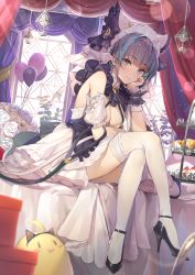 1girl :3 animal_ears azur_lane balloon bare_shoulders black_hair blue_eyes blue_nails blush bouquet breasts cheshire_(azur_lane) cleavage closed_mouth crossed_legs curtains detached_sleeves dress fake_animal_ears flower frilled_dress frills headdress high_heels highres indoors invisible_chair kaerunoko large_breasts looking_at_viewer manjuu_(azur_lane) medium_breasts multicolored_hair nail_polish pumps sitting smile solo streaked_hair thighhighs thighs tiered_tray white_thighhighs window wrist_cuffs