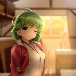 Rule 34 | 1girl, absurdres, ahoge, alternate costume, ameno sagiri (artist), arms behind back, between breasts, blue eyes, blurry, blurry background, breasts, contemporary, dusk, fire emblem, fire emblem: the blazing blade, green hair, gym uniform, hairband, highres, indoors, jacket, looking at viewer, medium breasts, nino (fire emblem), nintendo, one eye closed, red jacket, shirt, short hair, smile, solo, storage room, sunlight, track jacket, track suit, upper body, whistle, white shirt, window