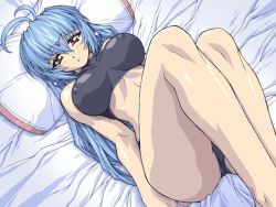 Rule 34 | 1girl, alicia (brave soul), alicia mcfadden, bed, blue hair, bra, brave soul, breasts, covered erect nipples, game cg, large breasts, lingerie, long hair, mogudan, pillow, purple eyes, solo, sports bra, underwear