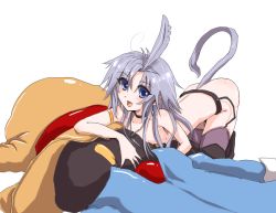 Rule 34 | 00s, 1boy, ahoge, bad id, bad pixiv id, black mage (final fantasy), black thighhighs, blue eyes, final fantasy, final fantasy ix, garter belt, jewelry, kneeling, kuja, male focus, minnku, necklace, no pants, nude, silver hair, solo, stuffed animal, stuffed toy, tail, thighhighs, trap