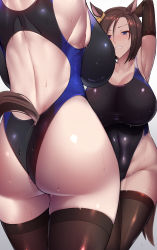 Rule 34 | 1girl, absurdres, air groove (umamusume), animal ears, armpits, arms up, ass, big shine, black hair, black one-piece swimsuit, black thighhighs, blue eyes, blush, breasts, collarbone, commentary, commentary request, competition swimsuit, covered navel, cowboy shot, hair between eyes, highres, horse ears, horse girl, horse tail, large breasts, looking at viewer, multiple views, one-piece swimsuit, parted lips, short hair, solo, swimsuit, tail, thighhighs, thighs, umamusume, white background