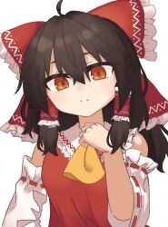 Rule 34 | 1girl, ahoge, ascot, bare shoulders, black hair, blush, bow, breasts, brown eyes, brown hair, closed mouth, commentary, detached sleeves, expressionless, hair between eyes, hair bow, hair tubes, hakurei reimu, hand up, head tilt, long hair, long sleeves, looking at viewer, nose blush, orange eyes, red bow, red eyes, red vest, ribbon-trimmed sleeves, ribbon trim, sidelocks, simple background, small breasts, solo, split mouth, strangenovel, touhou, upper body, vest, white background, yellow ascot