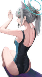 Rule 34 | 1girl, absurdres, animal ears, ass, bare arms, bare shoulders, blue archive, blue eyes, breasts, ear piercing, earrings, extra ears, from behind, full body, glance, grey hair, hair ornament, halo, highres, hwan (verypoor), jewelry, looking at viewer, looking back, medium breasts, mouth hold, one-piece swimsuit, piercing, shiroko (blue archive), shiroko (swimsuit) (blue archive), simple background, sitting, solo, stud earrings, swimsuit, white background