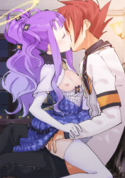 Rule 34 | 1boy, 1girl, breasts, breasts out, capelet, closed eyes, clothed sex, clothes pull, dress, dress pull, elbow gloves, folth, girl on top, gloves, hair ornament, halo, hetero, highres, ikezawa shin, kiss, long hair, nipples, ponytail, purple hair, red hair, sex, short hair, sidelocks, sitting, small breasts, spinel (summon night), straddling, summon night, summon night 5, thighhighs, upright straddle, white gloves, white thighhighs