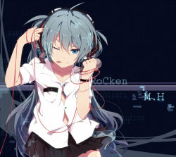 Rule 34 | 1girl, alternate costume, alternate hairstyle, blue eyes, blue hair, bra, cable, collarbone, finger gun, finger gun to head, green bra, hair ribbon, hatsune miku, licking lips, long hair, looking at viewer, matching hair/eyes, microphone, ogipote, one eye closed, open clothes, open shirt, ribbon, shirt, short sleeves, skirt, solo, tongue, tongue out, underwear, very long hair, vocaloid, wink