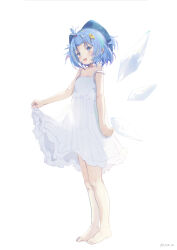 1girl :d absurdres arm_at_side bangs_pinned_back bare_arms bare_legs barefoot bloom blue_bow blue_eyes blue_hair bow cirno clothes_lift commentary_request dress flat_chest full_body hair_bow hair_ornament happy highres ice ice_wings leaf_hair_ornament moca_3139 open_mouth short_hair simple_background skirt skirt_lift smile solo standing strap_slip touhou white_background white_dress wings