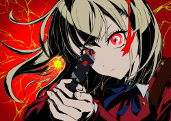 Rule 34 | 1girl, aiming, aiming at viewer, blonde hair, blue ribbon, center axis relock stance, closed mouth, collared shirt, energy, finger on trigger, floating hair, glowing, glowing eye, gun, head tilt, high contrast, highres, holding, holding gun, holding weapon, hole in hair, jacket, long sleeves, looking at viewer, lycoris recoil, lycoris uniform, near miss, nishikigi chisato, portrait, red background, red eyes, red jacket, ribbon, sayu mypace, serious, shirt, short hair, solo, two-handed handgun grip, weapon, white shirt