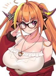 1girl, absurdres, adjusting eyewear, ahoge, bangs, bare shoulders, black-framed eyewear, black ribbon, blonde hair, blunt bangs, bow, breasts, camisole, cleavage, collarbone, commentary, commentary request, diagonal-striped bow, dragon girl, dragon horns, english commentary, eyebrows visible through hair, fang, frilled camisole, glasses, hair intakes, hair ribbon, hand up, highlights, highres, hololive, horn bow, horns, jacket, jewelry, kiryu coco, large breasts, long hair, long sleeves, looking at viewer, mixed-language commentary, multicolored, multicolored eyes, multicolored hair, off shoulder, official alternate costume, open clothes, open jacket, orange hair, partially unzipped, pendant, pointy ears, purple eyes, red eyes, red jacket, ribbon, see-through, sidelocks, simple background, skin fang, slit pupils, smile, solo, spaghetti strap, sparkle, streaked hair, striped, striped bow, symbol commentary, track jacket, twintails, upper body, virtual youtuber, white background, white camisole, yajiming