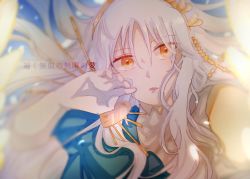 Rule 34 | 1girl, bad id, bad pixiv id, caren hortensia, caren hortensia (amor caren), caren hortensia (amor caren) (calling agape), diadem, fate/grand order, fate (series), hand on own face, long hair, looking at viewer, open mouth, orange eyes, translation request, white hair