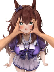 Rule 34 | 1girl, absurdres, animal ears, aqua eyes, arms at sides, blush, bow, breasts, commentary request, ear bow, face hold, hair between eyes, highres, horse ears, horse girl, large breasts, looking at viewer, maruzensky (umamusume), open mouth, pleated skirt, puffy short sleeves, puffy sleeves, purple bow, purple shirt, school uniform, shirt, short sleeves, simple background, skirt, solo, tracen school uniform, umainu 2002, umamusume, white background, white skirt