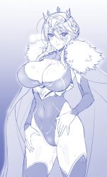 Rule 34 | 1girl, absurdres, artoria pendragon (fate), artoria pendragon (lancer) (fate), blush, braid, braided bun, breasts, cape, cleavage, crown, detached sleeves, fate/grand order, fate (series), french braid, hair bun, heattech leotard, highres, komori kei, large breasts, leotard, looking at viewer, monochrome, solo, sweat, sweatdrop, thighhighs, thighs