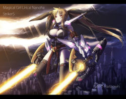 Rule 34 | 00s, 1girl, adapted costume, alternate weapon, bardiche (nanoha), bardiche (riot zanber stinger) (nanoha), blonde hair, breasts, cleavage, dual wielding, energy sword, fate testarossa, fate testarossa (true sonic form), holding, large breasts, long hair, lyrical nanoha, mahou shoujo lyrical nanoha, mahou shoujo lyrical nanoha strikers, nekomamire, solo, sword, thighhighs, twintails, weapon