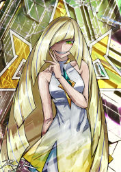 Rule 34 | 1girl, bare arms, bare shoulders, blonde hair, breasts, collarbone, commentary request, creatures (company), dress, eyelashes, eyeshadow, game freak, green eyes, hair over one eye, hand up, highres, long hair, lusamine (pokemon), makeup, nintendo, pokemon, pokemon sm, ray-k, sleeveless, sleeveless dress, smile, solo, teeth, very long hair