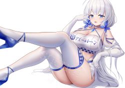 Rule 34 | 1girl, azur lane, bandeau, bare shoulders, blue choker, blue eyes, blue footwear, breasts, choker, cleavage, commentary request, criss-cross halter, elbow gloves, gloves, halterneck, hand up, high heels, illustrious (azur lane), large breasts, long hair, midriff, mole, mole under eye, shenqi (toid310), simple background, sitting, solo, thighhighs, thighs, very long hair, white background, white gloves, white hair, white thighhighs