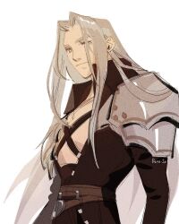 Rule 34 | 1boy, armor, belt, black coat, blue eyes, chest strap, closed mouth, coat, expressionless, final fantasy, final fantasy vii, grey hair, long hair, looking at viewer, male focus, parted bangs, pauldrons, prema-ja, sephiroth, shoulder armor, solo, upper body, white background