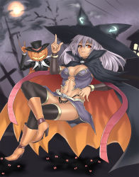Rule 34 | 1girl, breasts, cape, cross, halloween, hat, highres, houtengeki, index finger raised, jack-o&#039;-lantern, large breasts, crossed legs, long hair, looking at viewer, moon, navel, pumpkin, purple hair, red eyes, sitting, solo, thighhighs, witch, witch hat