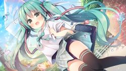 Rule 34 | 1girl, :d, bag, blue one-piece swimsuit, blush, bow, breasts, brick wall, commentary request, day, fence, green bow, green eyes, green hair, green skirt, hair between eyes, hair ornament, hair ribbon, hairclip, hanamiya natsuka, hatsune miku, holding, holding umbrella, long hair, official art, old school swimsuit, one-piece swimsuit, open mouth, outdoors, plaid, plaid skirt, pleated skirt, ribbon, sailor collar, school bag, school swimsuit, school uniform, serafuku, shirt, short sleeves, single wrist cuff, skirt, small breasts, smile, solo, swimsuit, swimsuit under clothes, transparent, transparent umbrella, twintails, umbrella, very long hair, vocaloid, water drop, white sailor collar, white shirt, wrist cuffs