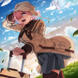 Rule 34 | 1girl, absurdres, amami tokko, animal, bird, blue sky, breasts, brown hat, brown jacket, brown ribbon, brown thighhighs, commentary request, day, dove, fate/grand order, fate (series), field, grass, grey skirt, hair over one eye, hat, highres, jacket, leaf, long sleeves, looking at viewer, lostroom outfit (fate), mash kyrielight, mash kyrielight (lostroom outfit), medium breasts, miniskirt, neck ribbon, official alternate costume, one eye covered, open mouth, outdoors, pink hair, pleated skirt, purple eyes, ribbon, rolling suitcase, short hair, skirt, sky, smile, solo, suitcase, teeth, thighhighs, wind