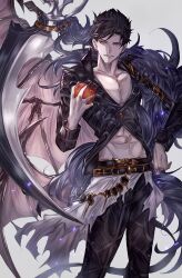 Rule 34 | 1boy, abs, apple, belial (granblue fantasy), black hair, black pants, black shirt, demon wings, feather boa, food, fruit, granblue fantasy, highres, holding, holding food, holding fruit, holding scythe, muramitsu (d3jgv), over shoulder, pants, pectoral cleavage, pectorals, popped collar, red eyes, scythe, shirt, solo, toned, toned male, weapon, weapon over shoulder, wings