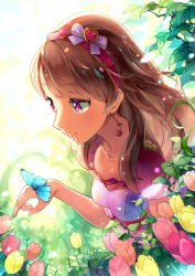 Rule 34 | 1girl, aikatsu!, aikatsu! (series), blue butterfly, blurry, blurry background, bow, brown hair, bug, butterfly, butterfly on hand, commentary, depth of field, dress, earrings, flower, from side, hair bow, hair ornament, hairband, heart, heart earrings, heart hair ornament, idol, insect, itouchaba, ivy, jewelry, light particles, multicolored clothes, multicolored dress, ozora akari, pink hairband, plant, puffy short sleeves, puffy sleeves, purple bow, purple eyes, short sleeves, smile, solo, tulip, upper body
