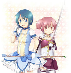 Rule 34 | 2girls, bad id, bad pixiv id, blue eyes, blue flower, blue hair, blue rose, bow (weapon), bubble skirt, cape, cosplay, costume switch, flower, gloves, hatiba, kaname madoka, kirikuchi riku, magical girl, mahou shoujo madoka magica, mahou shoujo madoka magica (anime), miki sayaka, multiple girls, pink eyes, pink hair, rose, short hair, short twintails, skirt, sword, thighhighs, twintails, weapon, zettai ryouiki