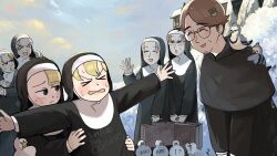 Rule 34 | &gt; &lt;, 1boy, 6+girls, bird, blonde hair, blue jay, body writing, brown eyes, brunette bangs nun (diva), chicken, clothes writing, clumsy nun (diva), commentary, diva (hyxpk), duck, english commentary, glasses, grey hair, habit, highres, little nuns (diva), mole, mole on cheek, mole under eye, monk, multiple girls, nun, outstretched arms, parted grey nun (diva), round eyewear, smug nun (diva), snow, spicy nun (diva), strict nun (diva), suitcase, traditional nun, yellow eyes