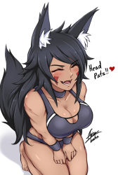 Rule 34 | 1girl, airisubaka, animal ears, artist name, bare legs, barefoot, black hair, blush, breasts, cleavage, collarbone, dark skin, dark-skinned female, closed eyes, facial mark, facing viewer, fangs, fox ears, fox tail, heart, highres, large breasts, long hair, open mouth, original, scar, seiza, signature, simple background, sitting, smile, solo, swimsuit, tail, teeth, vera (airisubaka), white background