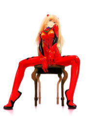 Rule 34 | 1girl, blonde hair, blue eyes, blurry, blurry background, bodysuit, bracer, chair, covering privates, from below, full body, green322, long hair, long legs, looking at viewer, looking down, neon genesis evangelion, orange hair, pilot suit, plugsuit, sexually suggestive, simple background, sitting, skin tight, solo, souryuu asuka langley, spread legs, tiptoes, two side up, white background
