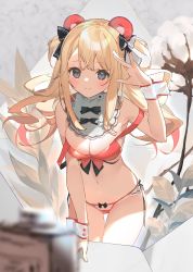 Rule 34 | 1girl, absurdres, animal ears, armpits, bare shoulders, bear ears, blonde hair, blue eyes, bow, bra, breasts, cleavage, cona kinaco, detached collar, front-tie bra, front-tie top, hair bow, hand up, highres, long hair, looking at viewer, medium breasts, navel, original, panties, pink bra, pink panties, smile, solo, standing, stomach, strap slip, string panties, thigh gap, thighs, twintails, underwear, underwear only, wrist cuffs