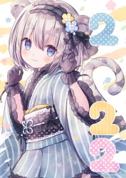 Rule 34 | 1girl, 2022, animal ears, black gloves, black hairband, blue eyes, blue kimono, blush, closed mouth, fang, fang out, gloves, grey hair, hair between eyes, hairband, hands up, highres, japanese clothes, kimono, kon hoshiro, long sleeves, looking at viewer, obi, original, sash, smile, solo, striped clothes, striped kimono, tail, tail raised, tiger ears, tiger girl, tiger tail, vertical-striped clothes, vertical-striped kimono, white background, wide sleeves