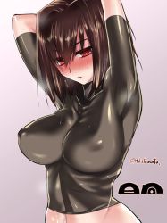 Rule 34 | 10s, 1girl, :&lt;, arms up, artist name, blush, breasts, collarbone, covered erect nipples, female focus, full-face blush, hair between eyes, hyuuga (kancolle), kantai collection, large breasts, navel, red eyes, short sleeves, skin tight, solo, sweatdrop, tokita monta, upper body