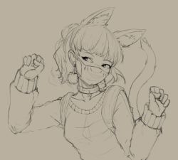 Rule 34 | 1girl, animal ear fluff, animal ears, arms up, backpack, bag, breasts, choker, clenched teeth, earrings, jewelry, long sleeves, looking to the side, lynn (ring of elysium), maelorian, mask, mouth mask, belt collar, paw pose, pendant, pom pom (clothes), pom pom earrings, ring of elysium, sepia, shirt, short hair, small breasts, star (symbol), star choker, surgical mask, tail, teeth