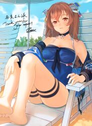 Rule 34 | 1girl, absurdres, barefoot, bikini, blue bikini, blue one-piece swimsuit, breasts, brown eyes, collarbone, feet, highres, johnston (kancolle), kantai collection, large breasts, legs, light brown hair, long hair, off shoulder, official alternate costume, one-piece swimsuit, rom (rommmoon), sitting, solo, swimsuit, two side up