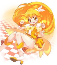 Rule 34 | 10s, 1girl, blonde hair, blush, boots, bow, choker, cure peace, dark nyanko, double v, dress, earrings, electricity, eyelashes, hair flaps, hair ornament, jewelry, kise yayoi, long hair, magical girl, no panties, ponytail, precure, skirt, smile precure!, solo, tears, v, wavy mouth, wrist cuffs, yellow bow, yellow dress, yellow eyes, yellow skirt, yellow theme