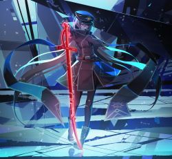 Rule 34 | 1girl, absurdres, black scarf, boots, breasts, dress, duel monster, gloves, grey hair, hat, highres, huge filesize, long hair, pantyhose, peaked cap, red eyes, scarf, sky striker ace - roze, solo, sword, thighhighs, vikpie, weapon, yu-gi-oh!