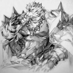 Rule 34 | 1boy, animal ears, arknights, armor, chain, chain necklace, furry, furry male, gauntlets, greyscale, highres, jacket, jewelry, kangnotrier, male focus, monochrome, mountain (arknights), muscular, necklace, open clothes, open shirt, pauldrons, scar, scar across eye, scar on face, shoulder armor, sketch, solo, tiger, tiger boy, tiger ears, tiger stripes