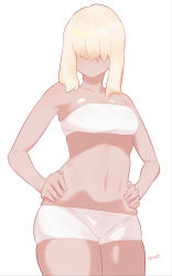 Rule 34 | 1girl, :&lt;, bike shorts, blonde hair, closed mouth, covered eyes, cowboy shot, facing viewer, fingernails, hair over eyes, hands on own hips, highres, legs together, looking at viewer, medium hair, navel, original, ryusei hashida, sidelocks, signature, simple background, skindentation, solo, strapless, tube top, white background