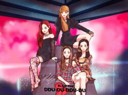 Rule 34 | 4girls, black dress, black hairband, black nails, blackpink, blunt bangs, boots, bracelet, brown hair, choker, commentary request, dress, earrings, hairband, high heel boots, high heels, highres, jennie (blackpink), jewelry, jisoo (blackpink), k-pop, korean commentary, lisa (blackpink), long hair, long sleeves, looking at viewer, multiple girls, necklace, pikaristar, puffy sleeves, real life, red hair, rose (blackpink), sitting, thigh boots, twitter username