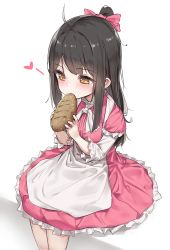 Rule 34 | 1girl, absurdres, ahoge, apron, black hair, blush, bow, bread, brown hair, child, commentary request, dress, eating, feet out of frame, food, frilled dress, frills, hair bow, hands up, heart, highres, holding, holding food, layered sleeves, long hair, long sleeves, one side up, original, pink bow, pink dress, ponytail, revision, short over long sleeves, short sleeves, sitting, solo, very long hair, wet.elephant, white apron, white background, yellow eyes