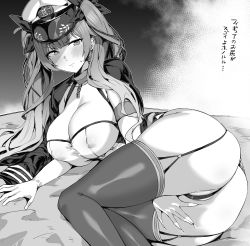 Rule 34 | 1girl, absurdres, ass, azur lane, between legs, breasts, broken, broken chain, chain, choker, collar, covered erect nipples, crotch seam, curvy, garter straps, greyscale, hand between legs, hat, highres, honolulu (azur lane), hotate-chan, large breasts, looking at viewer, lying, military, military hat, military uniform, monochrome, on side, skin tight, skindentation, solo, thick thighs, thighhighs, thighs, twintails, uniform