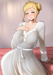 Rule 34 | 1girl, alternate costume, bed sheet, blonde hair, blush, bra, breasts, cleavage, closed mouth, collarbone, commentary, double bun, english commentary, fire emblem, fire emblem heroes, gradient hair, green eyes, hair bun, hand on own chest, henriette (fire emblem), highres, indoors, jewelry, large breasts, lingerie, lips, long sleeves, looking at viewer, mature female, multicolored hair, nail polish, nintendo, on bed, panties, pink hair, pink lips, queen, ring, see-through, sidelocks, signature, sitting, smile, solo, tiara, tsunsune, two-tone hair, underwear, white bra, white panties