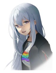 Rule 34 | 1girl, :d, black jacket, commentary request, crossed bangs, grey hair, hair between eyes, highres, higuchi kaede, higuchi kaede (2nd costume), jacket, long hair, looking at viewer, mole, mole under eye, nijisanji, open clothes, open jacket, open mouth, purple eyes, shirt, simple background, smile, solo, upper body, virtual youtuber, waterkuma, white background, white shirt