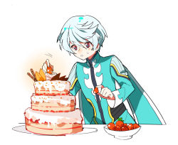 Rule 34 | 10s, 1boy, bishounen, blush, bowl, cake, food, fruit, long sleeves, male focus, mikleo (tales), parted lips, plate, red eyes, silver hair, solo, strawberry, sweatdrop, table, tales of (series), tales of zestiria, yanzhan