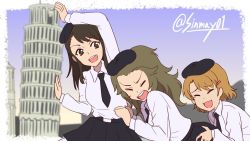 Rule 34 | 3girls, amaretto (girls und panzer), anzio school uniform, beret, black headwear, black neckwear, black skirt, blue sky, blurry, blurry background, brown hair, closed eyes, commentary, day, depth of field, dress shirt, gelato (girls und panzer), girls und panzer, hair ornament, hairclip, hands on another&#039;s back, hat, highres, landmark, leaning to the side, leaning tower of pisa, long hair, long sleeves, looking at viewer, miniskirt, multiple girls, necktie, one-hour drawing challenge, open mouth, outdoors, panettone (girls und panzer), pantyhose, perspective, pleated skirt, school uniform, shinmai (kyata), shirt, short hair, skirt, sky, smile, standing, twitter username, white shirt