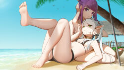 Rule 34 | 2girls, absurdres, ass, barefoot, beach, bikini, bird, black bikini, blue sky, closed mouth, day, earrings, elf, feet, fern (sousou no frieren), frieren, green eyes, hand on another&#039;s head, highres, jewelry, knees together feet apart, legs, long hair, looking at viewer, monstarno, multiple girls, ocean, palm tree, pointy ears, purple eyes, purple hair, sand, shadow, sky, soles, sousou no frieren, swimsuit, thighs, toenails, toes, tree, twintails, white hair