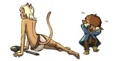 Rule 34 | 00s, 1girl, androgynous, animal ears, back, bad deviantart id, bad id, barefoot, belt, brown hair, cat ears, cat tail, feet, final fantasy, final fantasy xi, hammer, hy136, mithra (ff11), short hair, sketch, tail, tarutaru, tears, topless, weapon, white hair