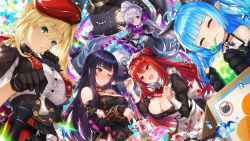 Rule 34 | 5girls, :d, ^ ^, ahoge, animal ears, animal hands, bad id, bad pixiv id, bare shoulders, belt, beret, black gloves, black hair, blonde hair, blue hair, blunt bangs, blush, bonnet, breasts, cat ears, cat paws, chess piece, chrisha (king&#039;s raid), cleavage, closed eyes, cup, detached sleeves, dress, drinking glass, drinking straw, epaulettes, erze (king&#039;s raid), fangs, food, fruit, gloves, green eyes, hair between eyes, hair ornament, hair over one eye, hat, heart, highres, inayama, king&#039;s raid, large breasts, lavril (king&#039;s raid), lilia (king&#039;s raid), long hair, looking at viewer, maid, maid headdress, multiple girls, one eye closed, open mouth, pantyhose, parfait, petals, pointy ears, purple eyes, purple hair, red eyes, red hair, seria (king&#039;s raid), side ponytail, silver hair, sleeves past wrists, smile, spoon, strawberry, stuffed animal, stuffed rabbit, stuffed toy, top hat, twintails, very long hair, white legwear